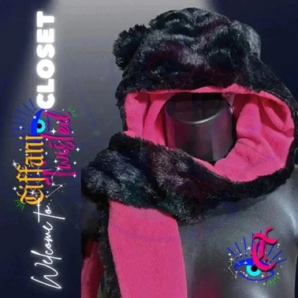 Black Faux Fur Teddy Bear Hood with Pink Paw Scarf Combo - Super Cute! - Picture 2 of 5